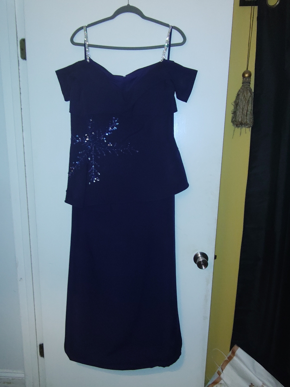 Navy Off-Shoulder Sequin Strap Evening Dress